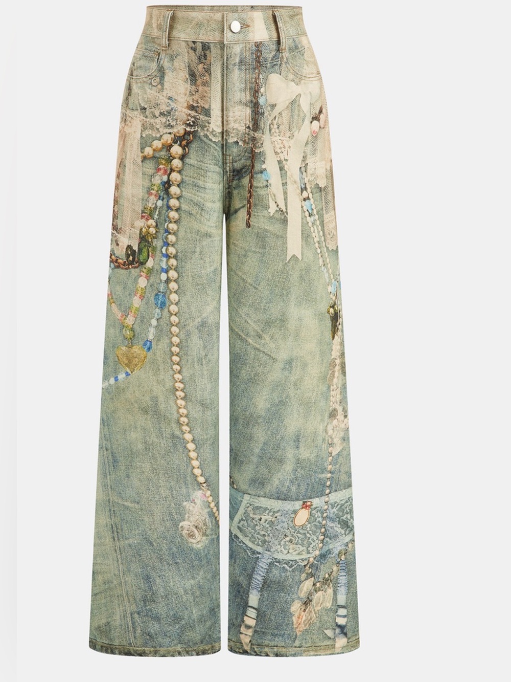 Commense Jewelry Printed Wide Leg Jeans, Size XL